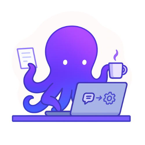 Octopus character working at desk with laptop